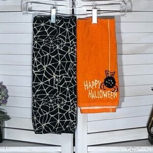 Halloween Kitchen Towels Orange Spider Black Spider Web